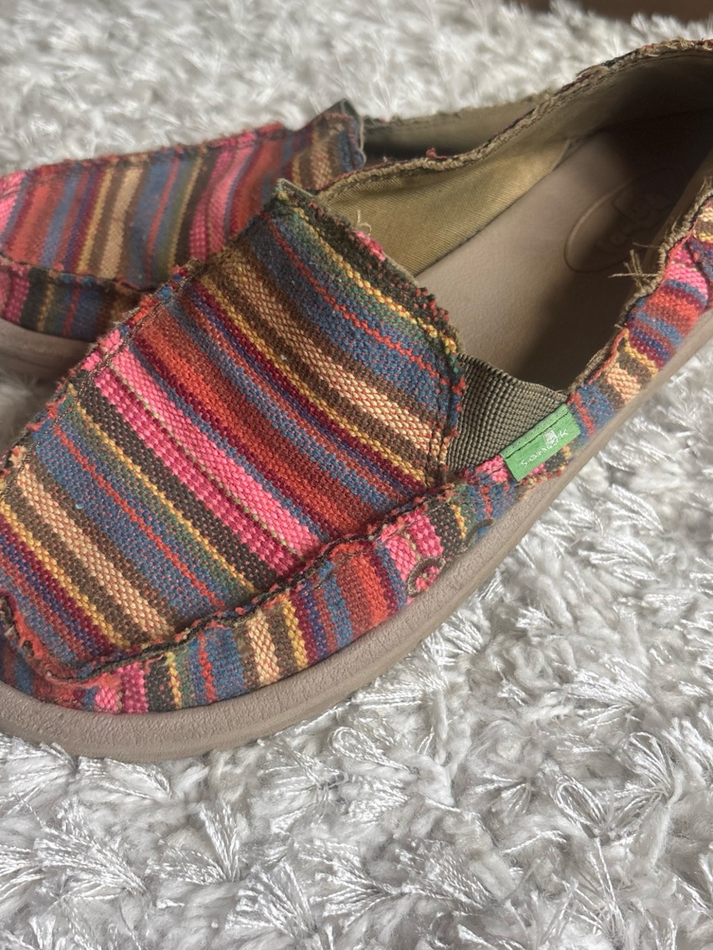 Sanuk Women’s Striped Canvas Slip-On Moccasins in Pink, Blue, Brown